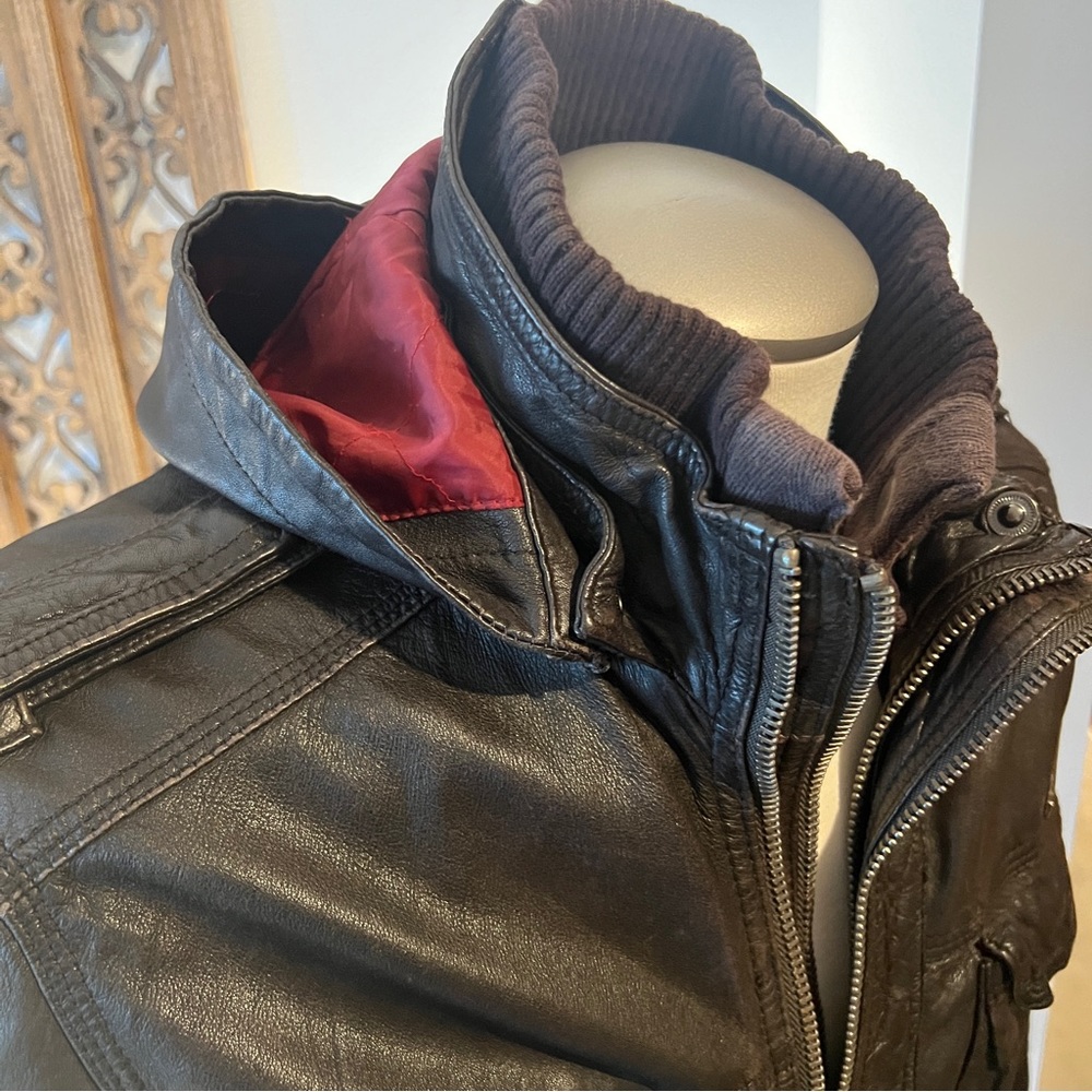 Superdry Men's Brown Leather Hooded Jacket with Red Lining - Picture 2 of 8